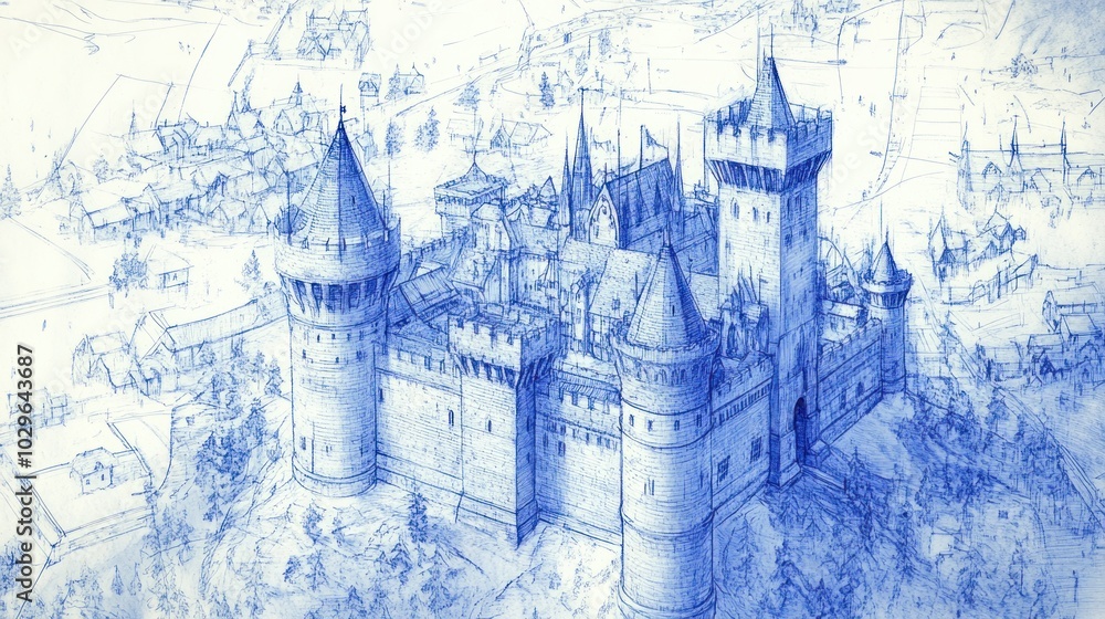 Obraz premium A detailed blue ink drawing of a medieval castle with towers and ramparts, set against a sketched background of a town.