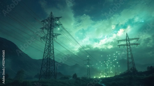 A row of power lines against a blue-green, cloudy night sky, with glowing orbs in the distance.