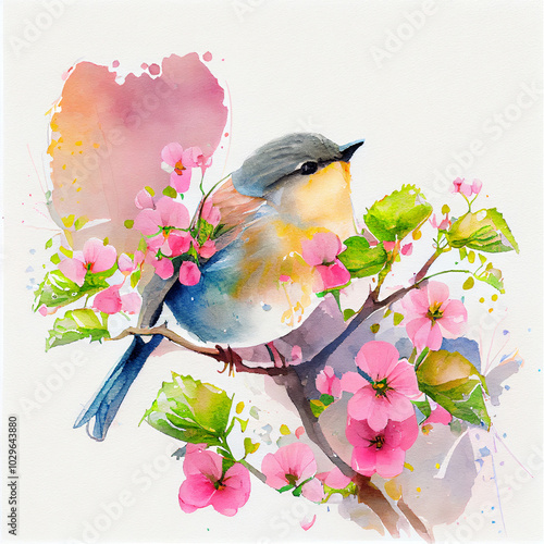 Colorful watercolor bird perched on blooming branch with pink flowers and lush leaves