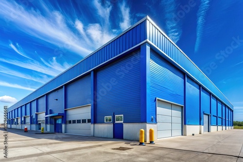 Blue Industrial Warehouse Dock Station with Metal Cladding and Garage Door for Logistics and Distribution Business