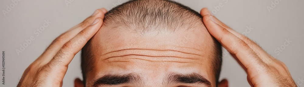 Naklejka premium Close-up of a man showcasing a bald head, with hands on his head, looking contemplative about hair loss.
