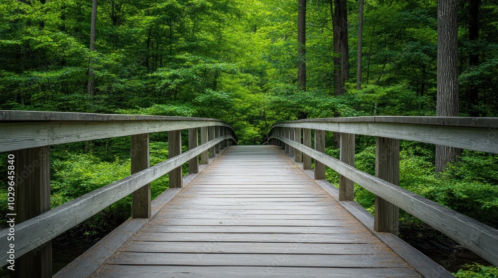 Wooden Bridge Leading Through a Lush Green Forest Wooden Bridge Leading Through a Lush Green Forest