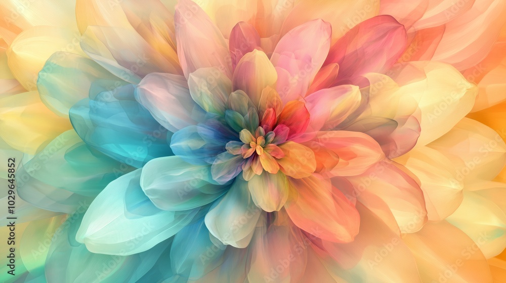 Colorful abstract flower design with overlapping petals in shades of blue, pink, yellow, and green blending together