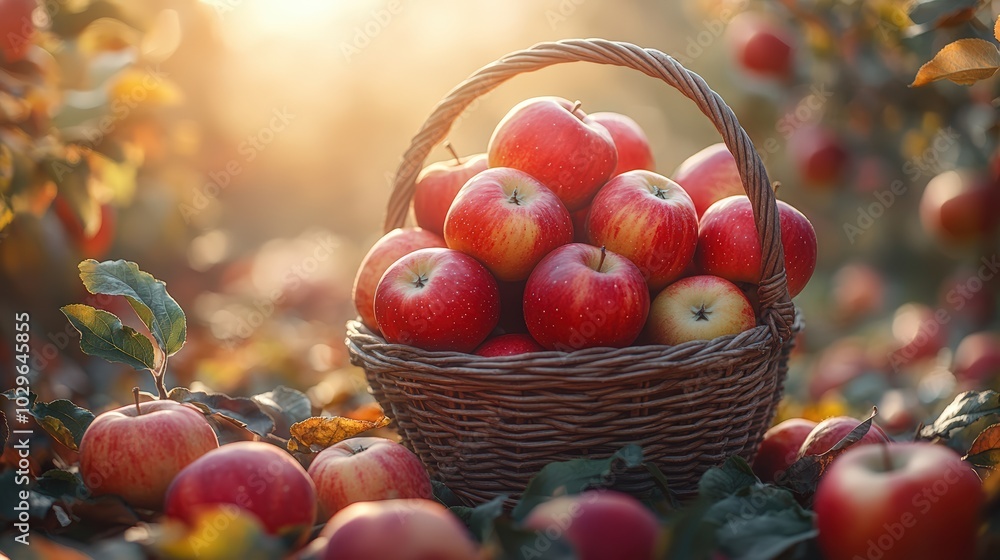 A basket of vibrant apples sits in an orchard, with sunlight filtering through the trees A basket of vibrant apples sits in an orchard, with sunlight filtering through the trees