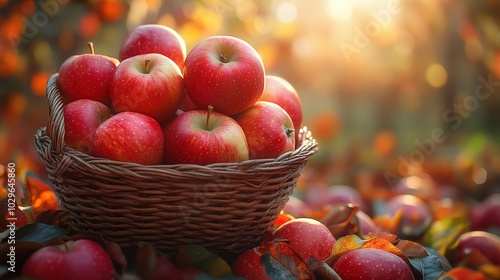 A basket of vibrant apples sits in an orchard, with sunlight filtering through the trees