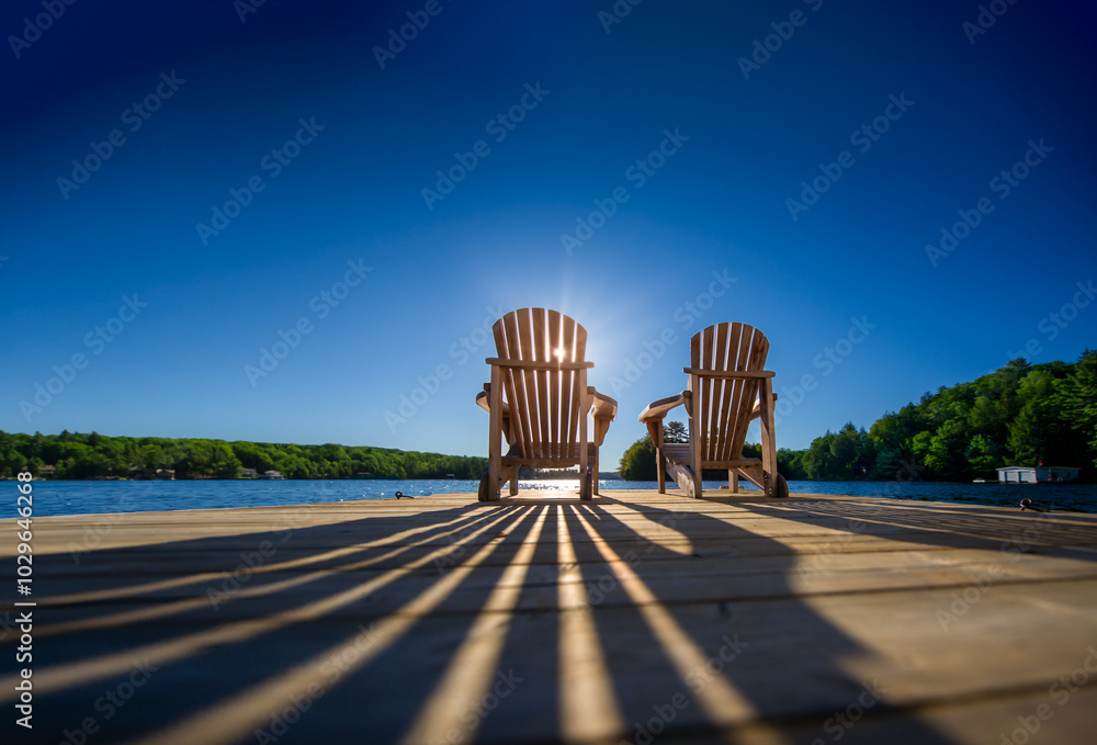 Obraz premium At sunrise, a pair of empty Adirondack chairs sit peacefully on a dock overlooking a lake in Muskoka, Ontario, Canada. The soft morning light creates long shadows on the weathered wooden pier. 