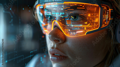 Futuristic glasses display digital data on focused face, showcasing technology