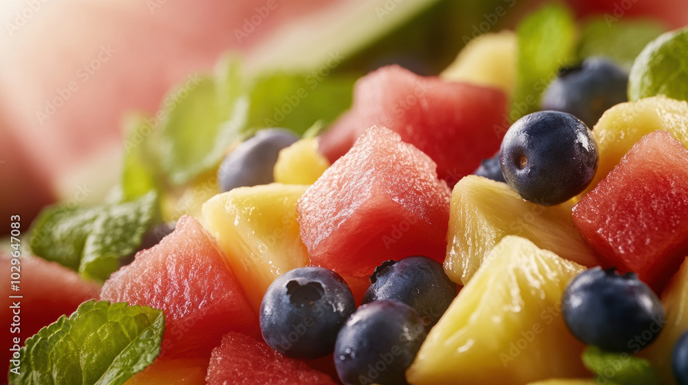 Fresh and vibrant fruit salad featuring watermelon, pineapple, and blueberries, garnished with mint leaves, perfect for refreshing snack or dessert Fresh and vibrant fruit salad featuring watermelon, pineapple, and blueberries, garnished with mint leaves, perfect for refreshing snack or dessert