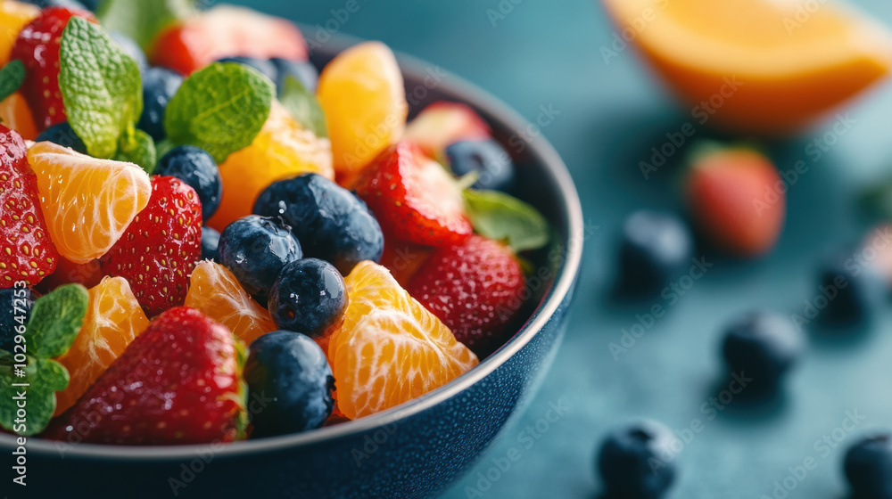 vibrant fruit salad featuring strawberries, blueberries, and oranges, garnished with fresh mint leaves, evokes refreshing and healthy vibe vibrant fruit salad featuring strawberries, blueberries, and oranges, garnished with fresh mint leaves, evokes refreshing and healthy vibe