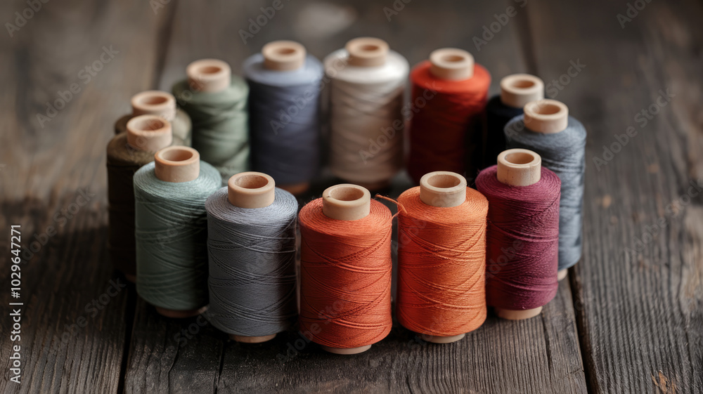 A bunch of colorful threads are arranged in a circle on a wooden surface. The variety of colors and textures creates a sense of creativity and possibility A bunch of colorful threads are arranged in a circle on a wooden surface. The variety of colors and textures creates a sense of creativity and possibility