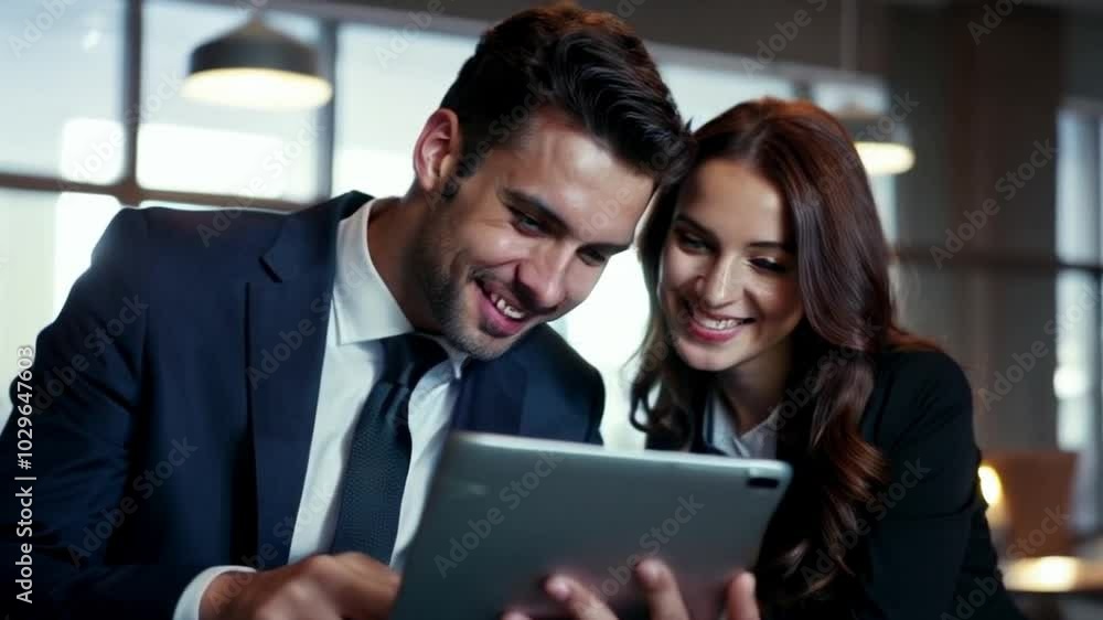 A young man wearing a sharp navy suit, leans in closely to examine a digital tablet, his eyes intense and focused. A young man wearing a sharp navy suit, leans in closely to examine a digital tablet, his eyes intense and focused.