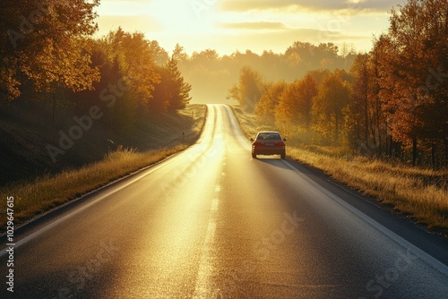 a car driving down a road in the middle of a forest