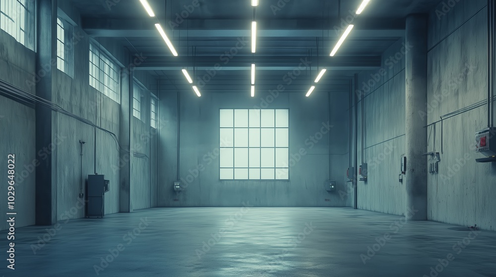 Empty industrial space with large window and concrete walls illuminated by modern lighting at midday Empty industrial space with large window and concrete walls illuminated by modern lighting at midday