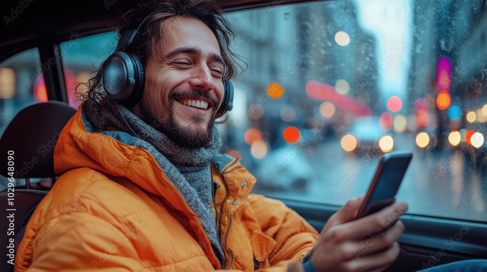 Happy man in orange jacket enjoying music with headphones while using smartphone in car during rainy day in vibrant city Happy man in orange jacket enjoying music with headphones while using smartphone in car during rainy day in vibrant city