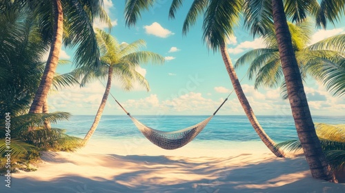 A hammock sways gently between two palm trees on a pristine white sand beach. The turquoise water laps at the shore, and the sky is a bright blue with wispy white clouds.