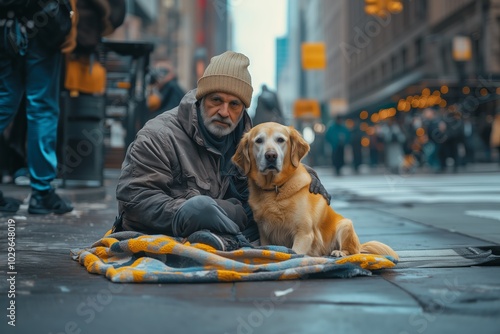 Homeless Man Sitting on the Street with His Loyal Dog, Depicting Friendship, Hardship, and Urban Life photo