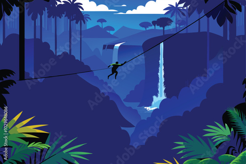 A person zips across a jungle canyon on a rope, with a waterfall in the background, rendered in a vector style.