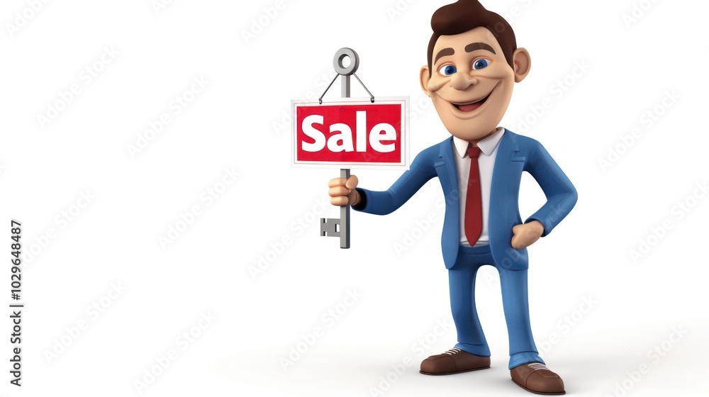 Cartoon Businessman Holding a Key with a Sale Sign Cartoon Businessman Holding a Key with a Sale Sign