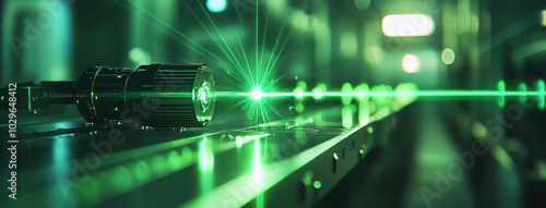 High tech green laser beams converge on single point, showcasing advanced technology in laboratory setting. vibrant green light creates captivating visual effect