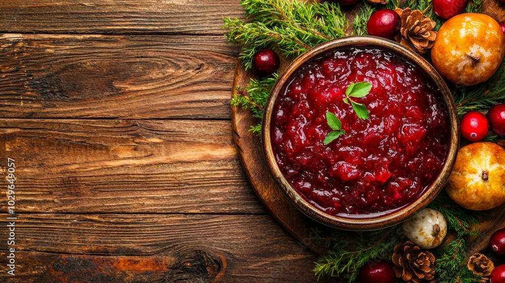 High Detail Shot of Cranberry Sauce with Festive Decor High Detail Shot of Cranberry Sauce with Festive Decor