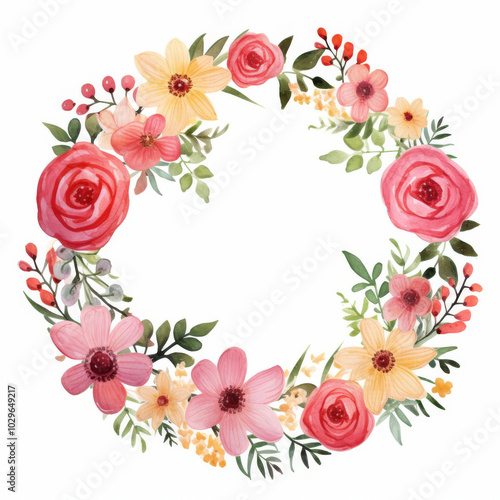Watercolor Floral Wreath Illustration - Beautiful Hand-Painted Pink, Red, and Yellow Flowers, Ideal for Invitations, Greeting Cards, and Home Decor