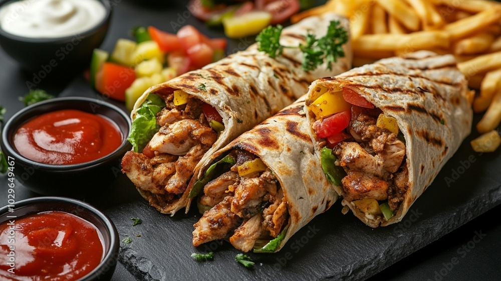 Grilled chicken fajita wraps served with crispy french fries, fresh salad, and dipping sauces on a dark slate plate. A mouthwatering Mexican-inspired meal. Grilled chicken fajita wraps served with crispy french fries, fresh salad, and dipping sauces on a dark slate plate. A mouthwatering Mexican-inspired meal.