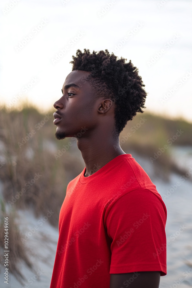 A young African American man, years old, in a plain red t-shirt, standing on a sandy path, dunes in the background, side view, relaxed posture. A young African American man, years old, in a plain red t-shirt, standing on a sandy path, dunes in the background, side view, relaxed posture.