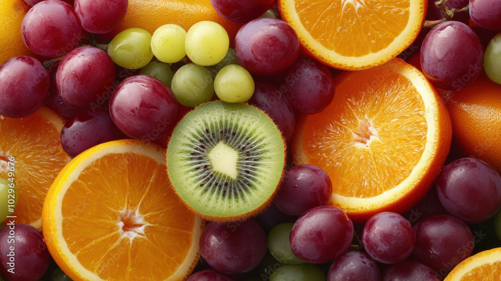 Fresh fruit salad featuring glossy grapes, vibrant oranges, and kiwi slice, creating colorful and appetizing display. Perfect for healthy eating and summer gatherings Fresh fruit salad featuring glossy grapes, vibrant oranges, and kiwi slice, creating colorful and appetizing display. Perfect for healthy eating and summer gatherings