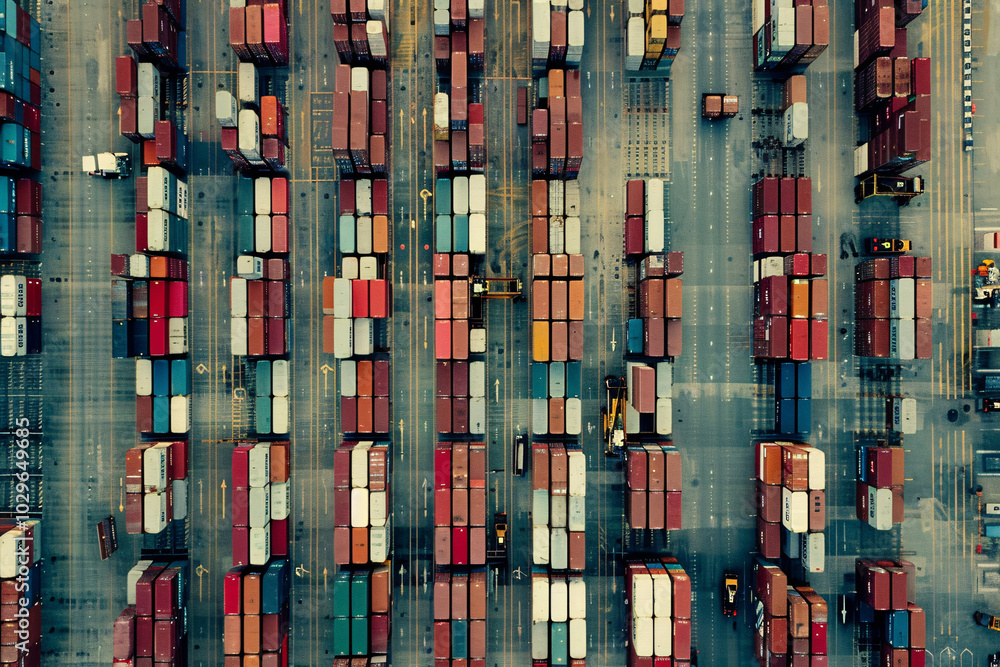 Aerial view of colorful shipping containers arranged in busy port Aerial view of colorful shipping containers arranged in busy port