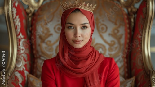 elegant powerful Asian Muslim woman in red dress and golden crown on throne