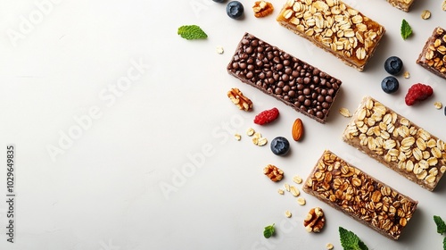 Healthy snacking options: assorted granola and chocolate bars with fresh berries, nuts, and mint leaves on white background. Nutritious energy boosters.