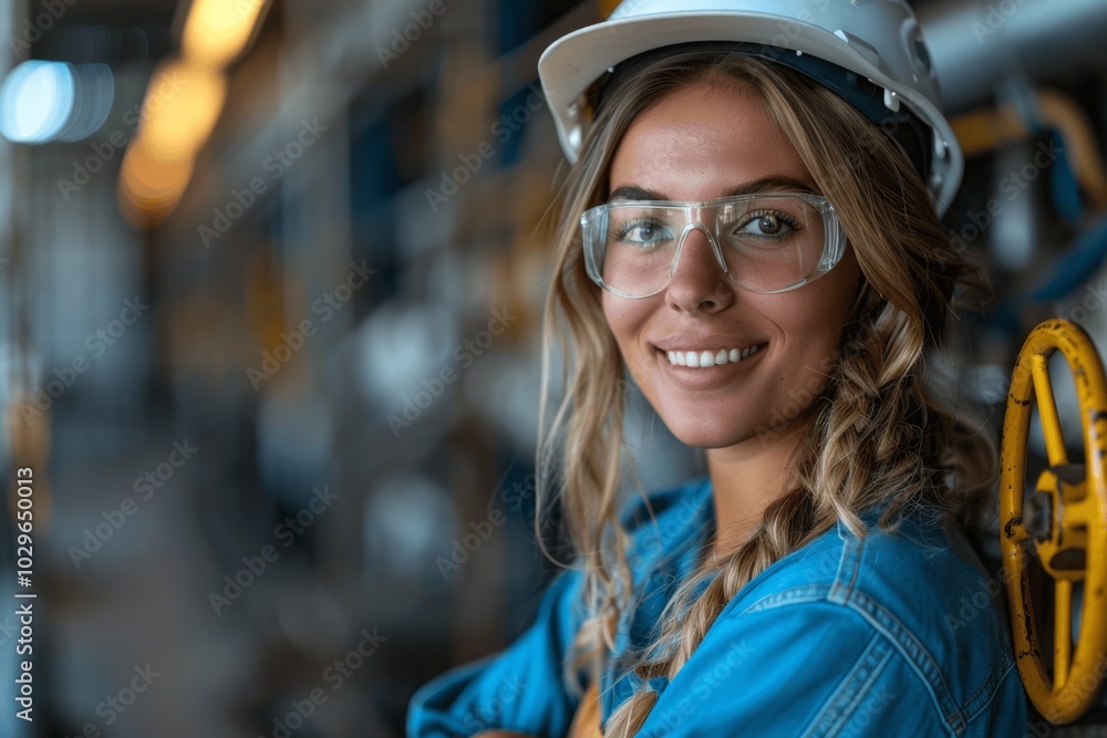 Confident Female Engineer at Oil Refinery in Hard Hat and Uniform Confident Female Engineer at Oil Refinery in Hard Hat and Uniform