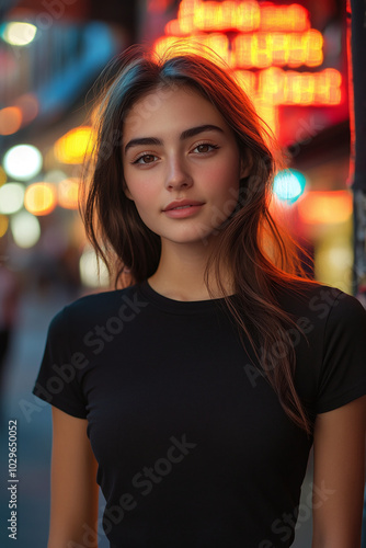 A young Latina woman, years old, in a plain black t-shirt, standing on a city street at night, neon lights in the background, front view, confident expression.