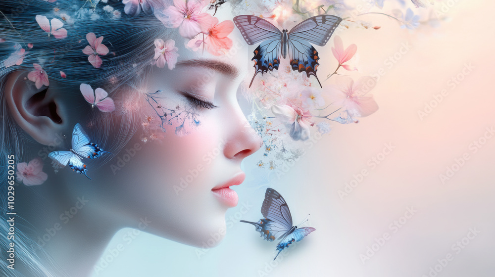serene woman with delicate features is surrounded by soft pink flowers and vibrant butterflies, creating dreamy and enchanting atmosphere serene woman with delicate features is surrounded by soft pink flowers and vibrant butterflies, creating dreamy and enchanting atmosphere