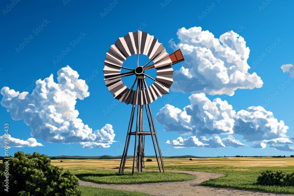 Abstract windmill sketch, turning in an open field