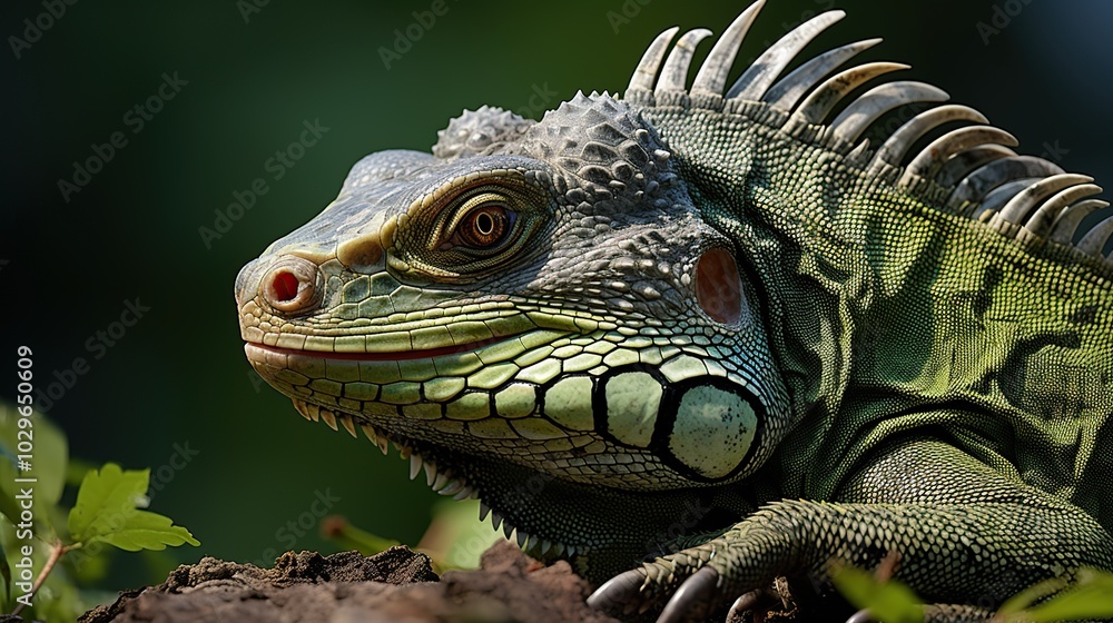 Close-up portrait of a green iguana with a spiky crest, looking to the right, with green foliage in the background. Close-up portrait of a green iguana with a spiky crest, looking to the right, with green foliage in the background.