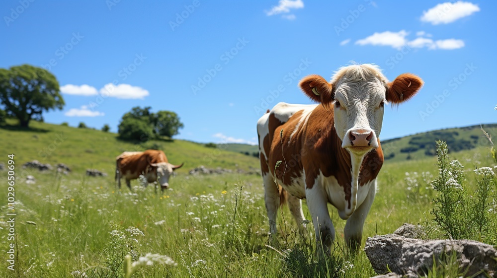 Two brown and white cows graze in a lush green field on a sunny day, one looking directly at the camera. Two brown and white cows graze in a lush green field on a sunny day, one looking directly at the camera.