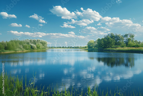 serene lake reflects blue sky and fluffy clouds, surrounded by lush greenery