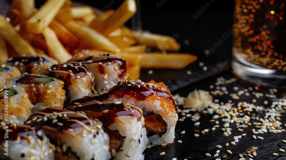 Sushi rolls with sesame seeds and sauce are beautifully arranged on black plate, accompanied by crispy French fries and glass of soda, creating delightful fusion of flavors Sushi rolls with sesame seeds and sauce are beautifully arranged on black plate, accompanied by crispy French fries and glass of soda, creating delightful fusion of flavors