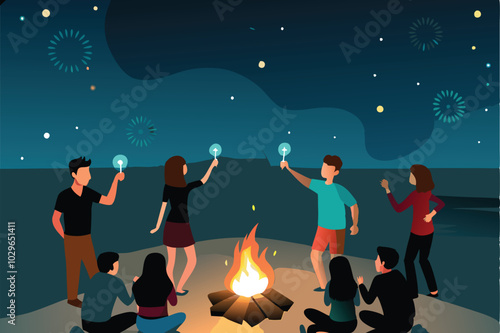 A group of friends gathered around a bonfire on a beach at night, with fireworks in the sky.