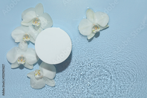 Product presentation. Beautiful orchid flowers and podium in water on light blue background, flat lay. Space for text