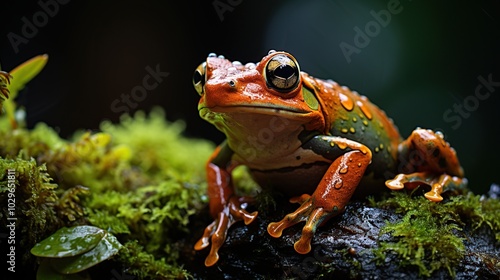 A colorful poison dart frog with orange, green, and black markings sits on a mossy log, with a blurred background of green foliage.