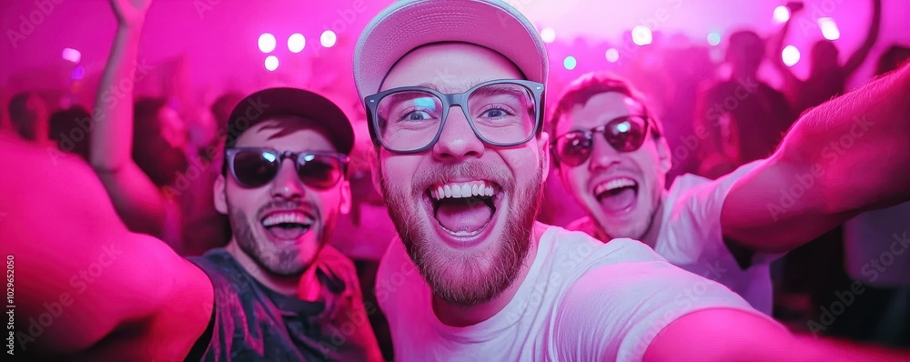 Three friends enjoying a vibrant party atmosphere with joyful expressions and colorful lighting. Three friends enjoying a vibrant party atmosphere with joyful expressions and colorful lighting.