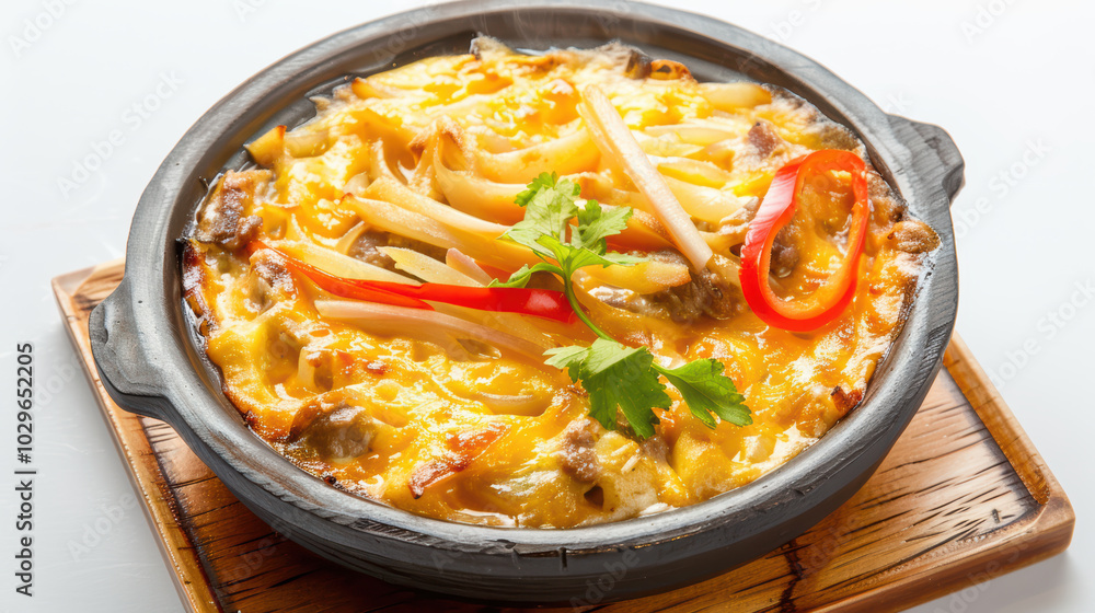 Delicious baked pasta dish with cheese, meat, and vegetables, served in traditional clay pot. vibrant colors and textures create inviting and appetizing presentation Delicious baked pasta dish with cheese, meat, and vegetables, served in traditional clay pot. vibrant colors and textures create inviting and appetizing presentation