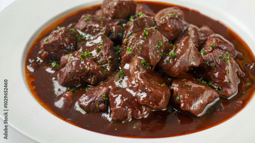 Delicious beef stew served in rich, dark sauce, garnished with fresh herbs, showcasing tender meat pieces that promise hearty meal Delicious beef stew served in rich, dark sauce, garnished with fresh herbs, showcasing tender meat pieces that promise hearty meal