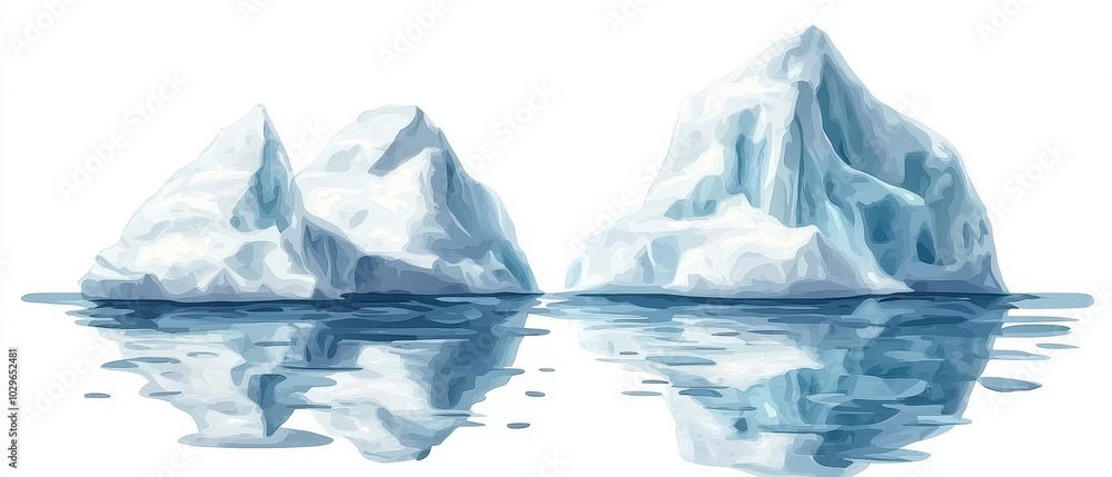 Obraz premium Two majestic icebergs floating serenely in calm waters, showcasing stunning reflections against a white background.