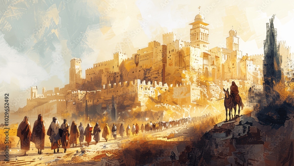 Fototapeta premium Jesus Entering Jerusalem on Palm Sunday - Watercolor Biblical Illustration