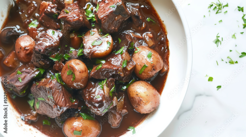 Delicious beef stew with tender meat and baby potatoes, garnished with fresh parsley, creating hearty and comforting dish perfect for any occasion Delicious beef stew with tender meat and baby potatoes, garnished with fresh parsley, creating hearty and comforting dish perfect for any occasion