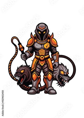 A cartoon alien warrior wearing a gray and orange armor, holding a whip, standing between two vicious beasts.