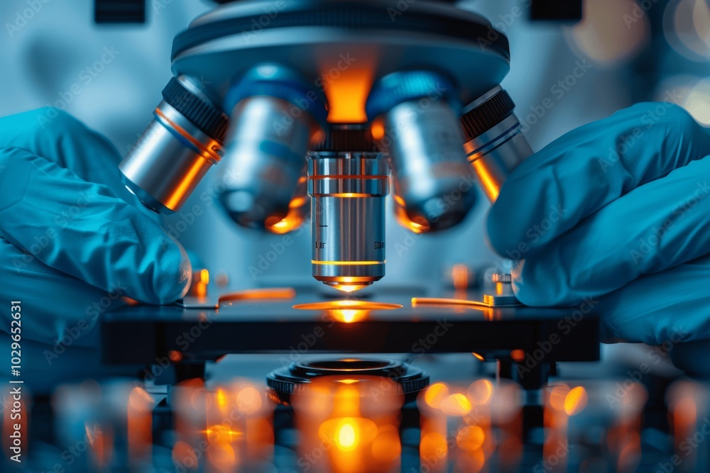 Lab Technician Using Microscope for Scientific Research with Blue Gloves Lab Technician Using Microscope for Scientific Research with Blue Gloves